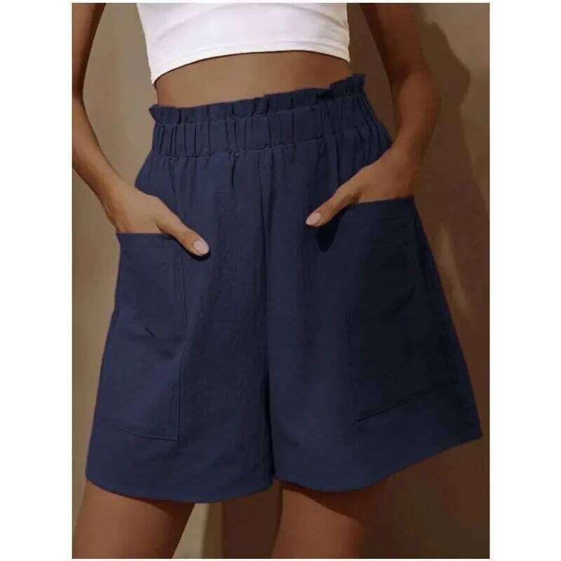 New Women's Shorts Cotton Hemp Blended High Waist Solid Color Casual Pocket Basic Fashion Summer Thin Pants XJ260305