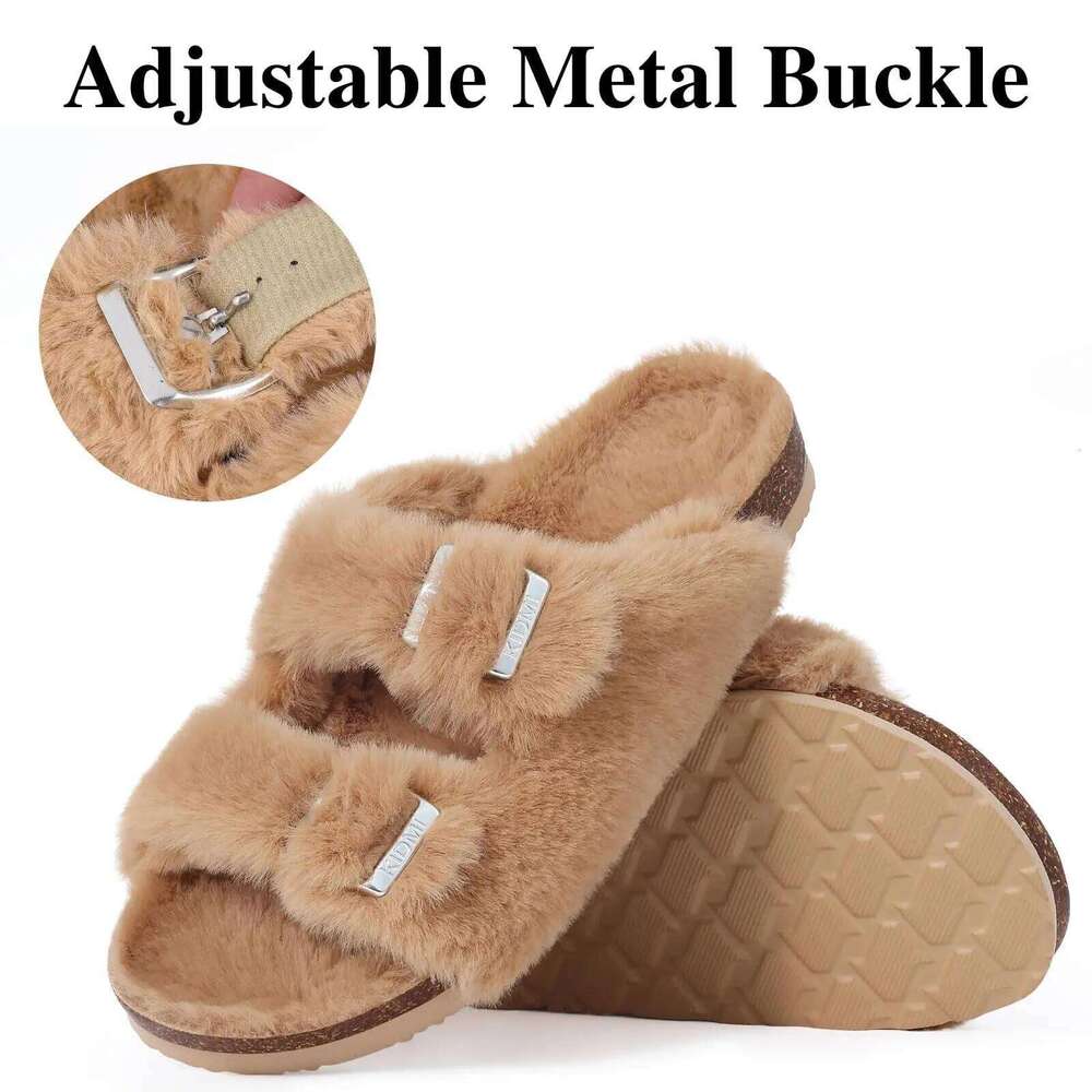 Kidmi Winter Warm Fur Suede Slides Fuzzy Clogs Women Fashion Outdoor Fluffy Cotton Slippers Plush Lined Potato Shoes