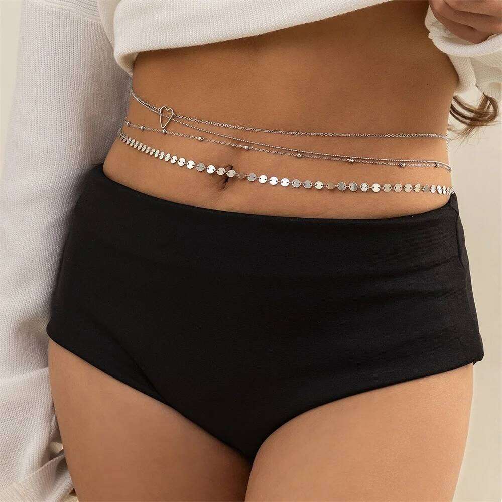 Fashion MultiLevel Gold-plate Crystal Round Sequin Heart Pendant Waist Chain For Women Elasticity Sexy Beach Body Jewelry Gift S260304