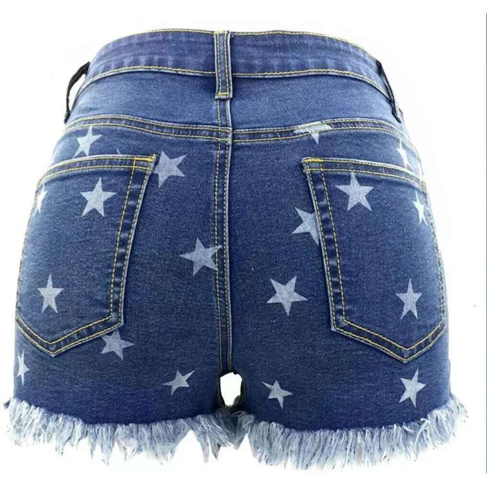 Street Fashion Prints High-waisted Denim Shorts. Women's Casual Short Jeans with Five-pointed Star Pattern Tassels in Summer XJ260305