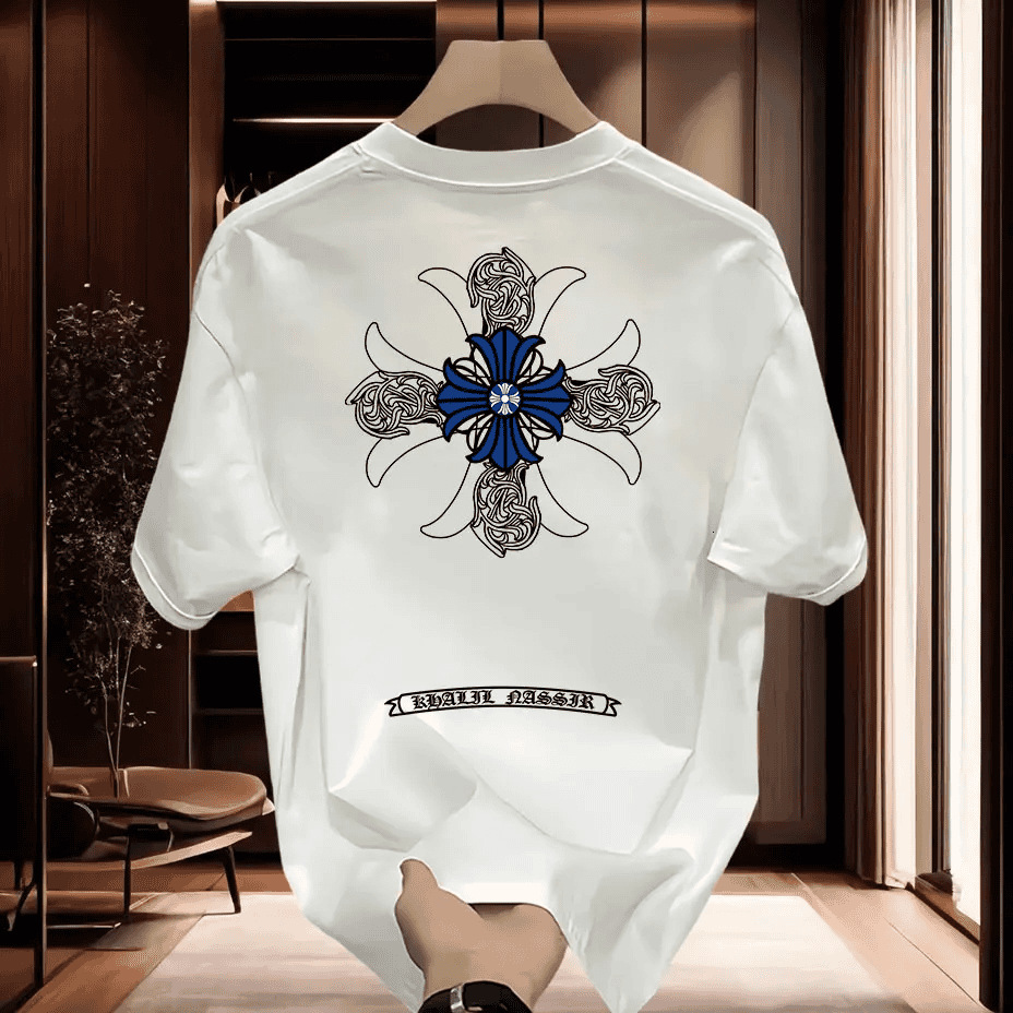 Mens T-Shirt Ornate Blue Cross Print Loose Heavy Cotton Short Sleeve Summer Designer Clothes