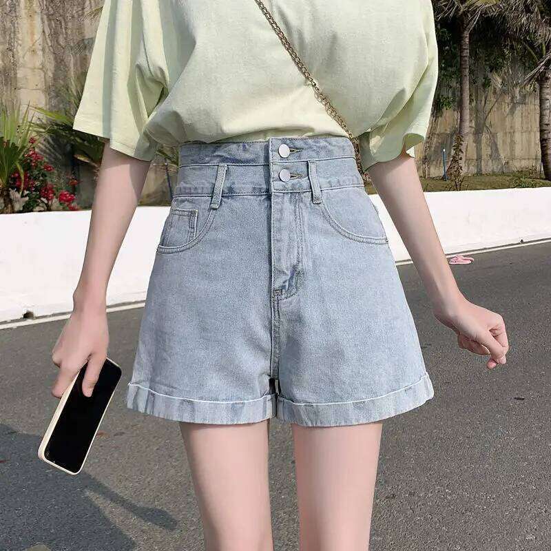 High Waist Denim Women Shorts Jean Spliced Loose Fit Pockets Washed Zipper Fly Solid Buttons Casual 2025 Distressed XJ260305