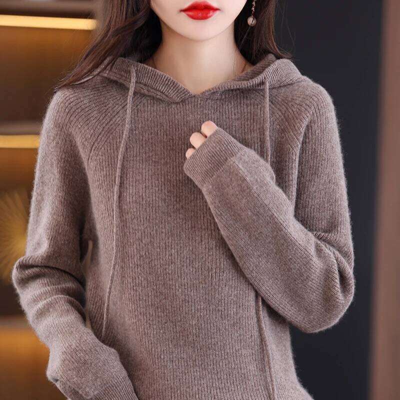 100% Merino Wool Women's Autumn Winter Casual Long Sleeve Soft Cashmere Knitted Hoodie Sweater Pullover Korean Female Clothing XJ260305