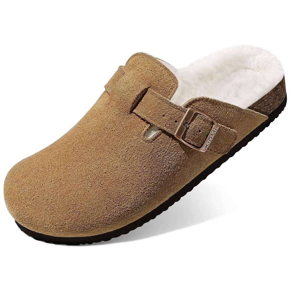 Kidmi Winter Fur Cotton Clogs Slippers Women Suede Short Plush Cork Nonslip Warm Soft Men Mules With Arch Support Shoes