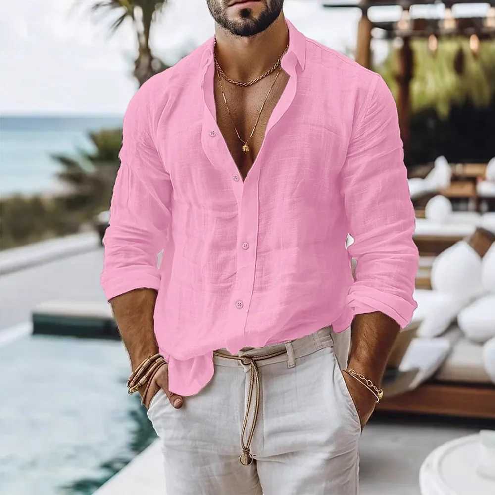 Cotton Linen Shirt for Men Summer Beach Style Solid Color Single Breasted Breathable Shirts Lightweight Stylish Button Tops M260305