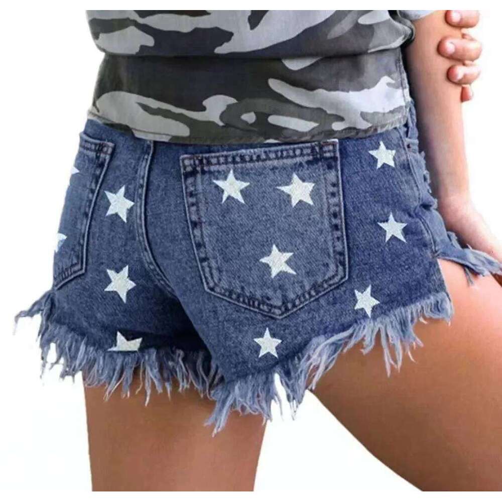 Street Fashion Prints High-waisted Denim Shorts. Women's Casual Short Jeans with Five-pointed Star Pattern Tassels in Summer XJ260305