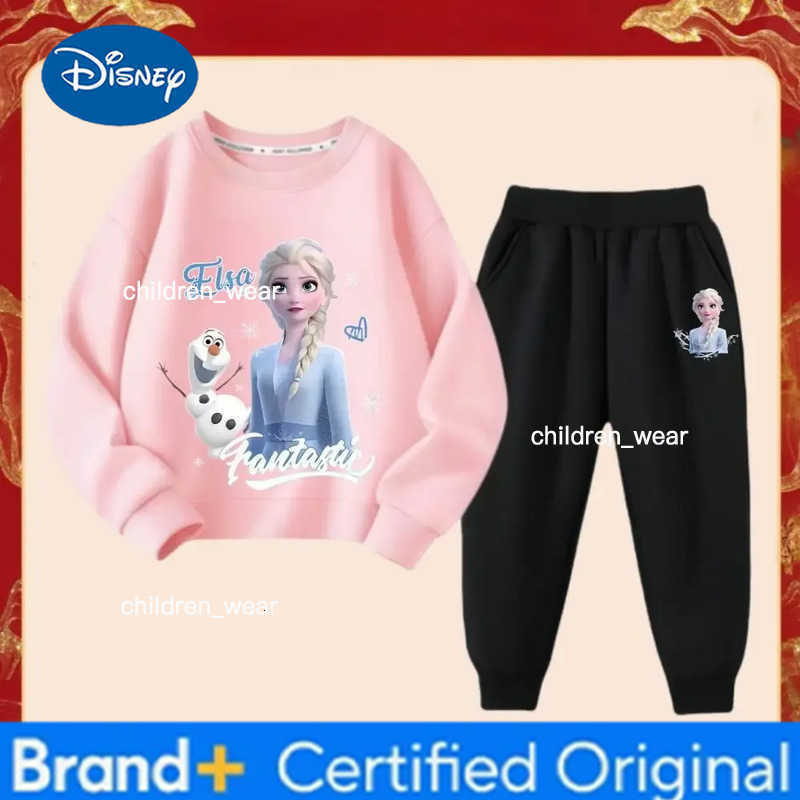 Disney Frozen Elsa Princess Girls Fashion Cartoon Printed Tracksuits Spring Kids Long Sleeve Sports Two-piece Suit Sweatshirt H260305