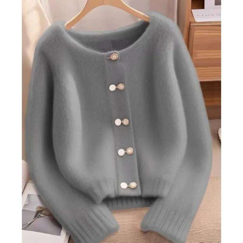 New Autumn Winter Cardigan Women Fashion Casual Pink Round Neck Loose Thick Warm Knitwear Ladies Sweater Female Top XJ260305