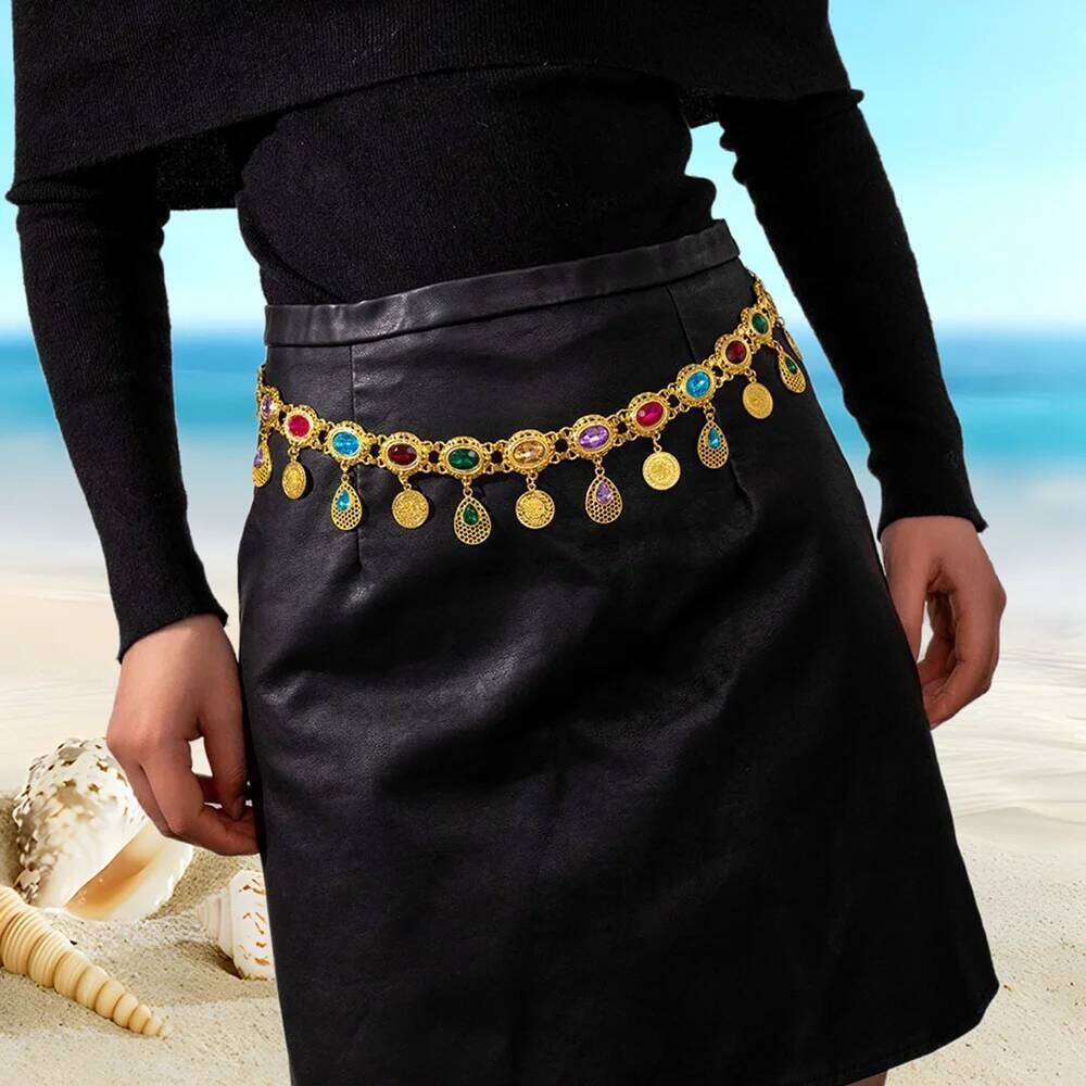 New Fashion Afghan Waistband Jewelry Bohemian Colored Acrylic Gems Gold Color Droplet Coin Tassel Waist Chain Belt For Women S260304