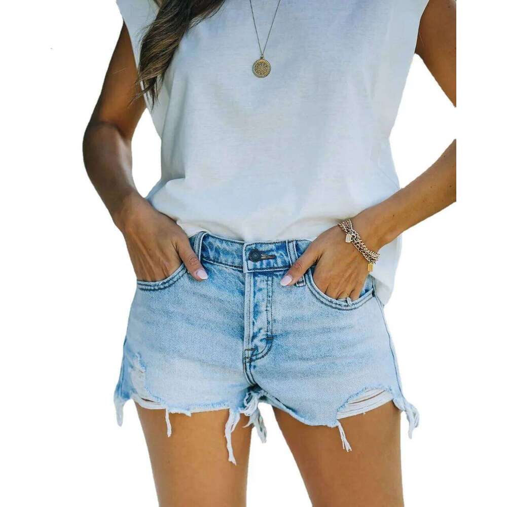 Washed Urban Commuting Casual Denim Shorts.Summer Fashion Ripped and Individuality Mid-waist Straight-leg Short Jeans for Women XJ260305