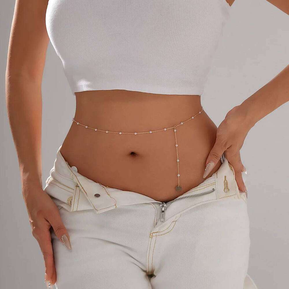 Elegant Imitation Pearl Long Tassel Women's Waist Sexy Bikini Love Pendant Chain Summer Body Jewelry S260304