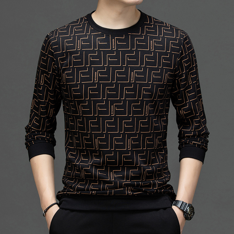 2026 Spring New Designer Luxury Brand Men's Printed Long Sleeve T-shirt Middle Aged Fashion Casual Round Neck Sportswear Basic Shirt Wholesale