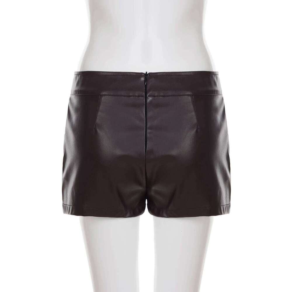 Y2K Spice Girl Splicing Drawstring Strap Zipper Pu Leather Shorts Women XJ260305