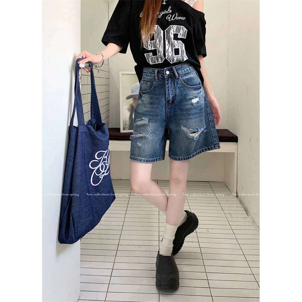 2025 Summer American Vintage Distressed Knee Length Denim Women's New Chic High-waist Loose Slimming Straight-leg Shorts XJ260305