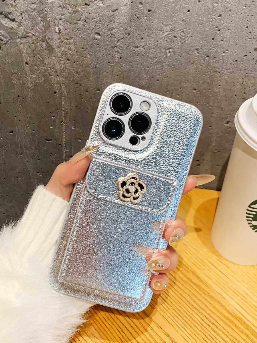 Luxury Metallic Silver Leather Card Holder Case with 3D Camellia For iPhone 16 15 14 13 12 11 Pro Max Plus | Premium Protective CoverT260305