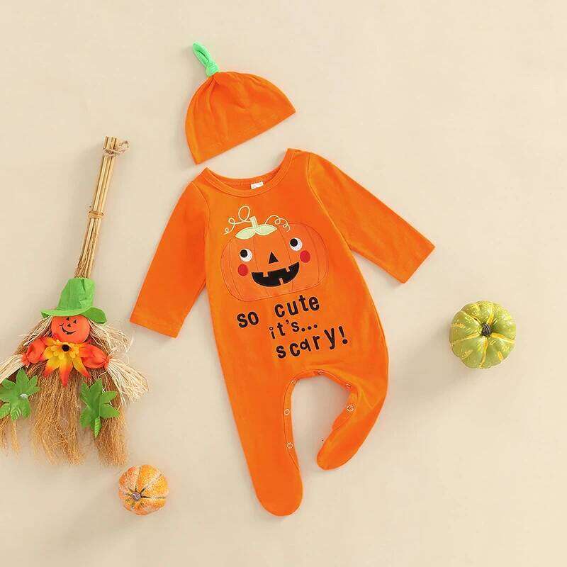 Babys Sleeve Footed Jumpsuit Halloween Pumpkin Letter Round Neck Long Romper with Hat Z260304