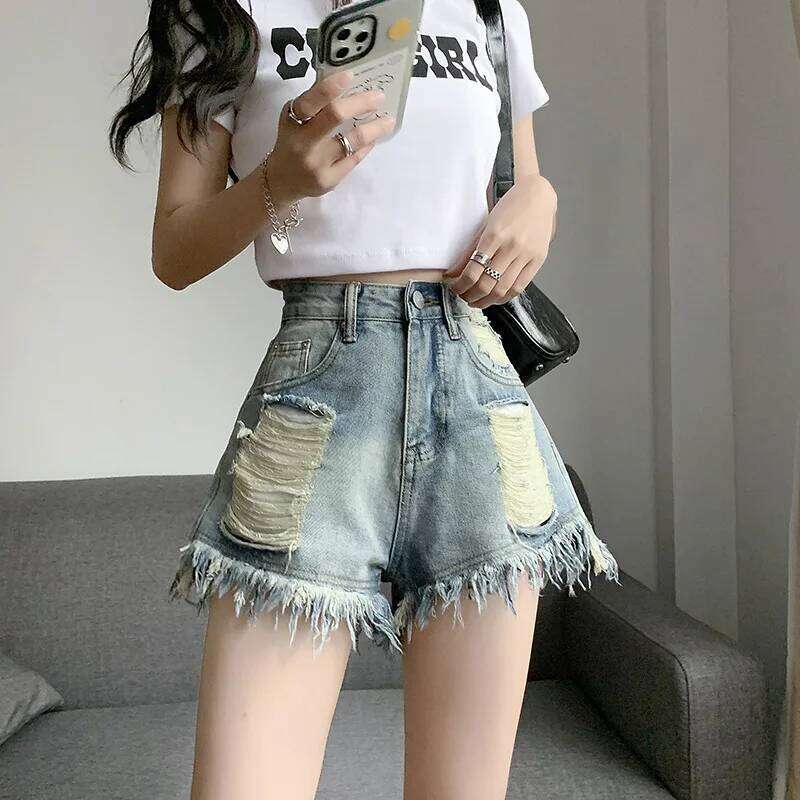 Street Personality Washed Ripped Denim Shorts. New Summer Fashion Retro "Make Old" Loose High-waisted A-line Shorts for Women XJ260305