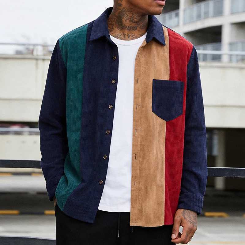 Men Corduroy Color Blocking Long Sleeve Shirts Autumn Lapel Patchwork Pocket Cardigan Blouse American Trendy Premium Streetwear M260305