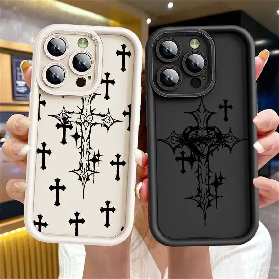 Luxury Black Cross Print Soft Phone Case for iPhone 16 Pro 15 Pro Max 14 13 12 11 XS 16 Plus Shockproof Protective CoverT260305