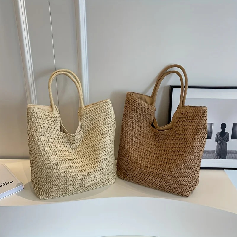 Chic Large Capacity Paper Woven Straw Tote Handbag for Women Summer Woven Beach Shoulder Bag with Zip Closure 260303