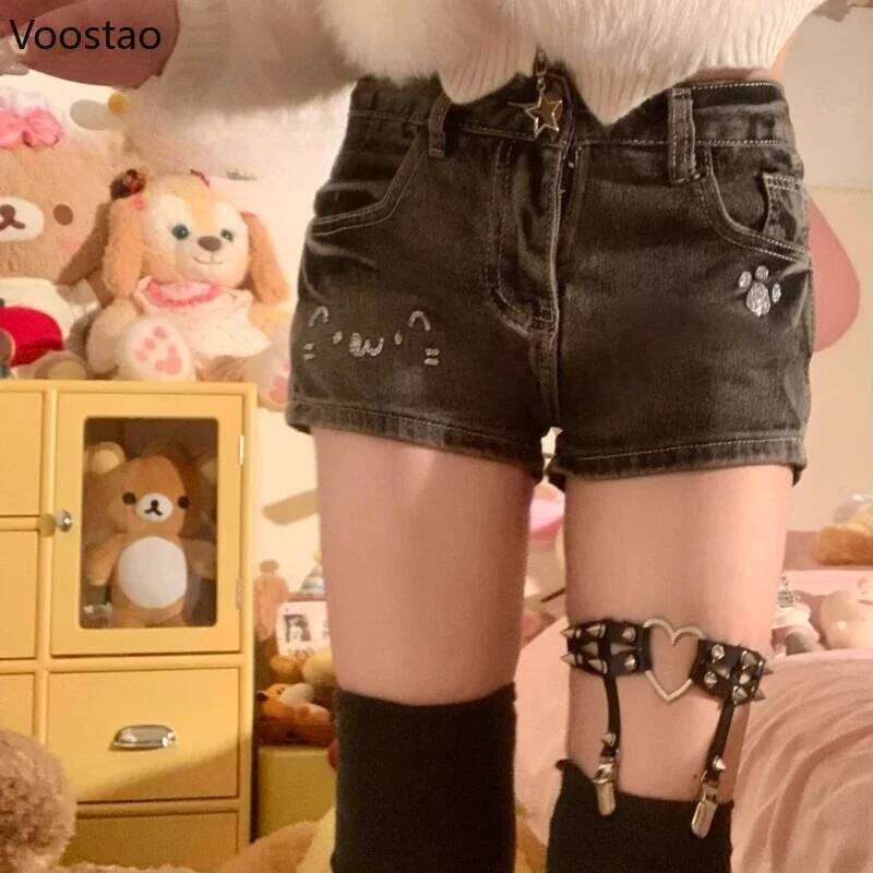 Japanese Kawaii Lolita Women Y2k Sweet Cartoon High Waist Short Pants Cute Girls Harajuku Casual Black Gray Denim Shorts XJ260305
