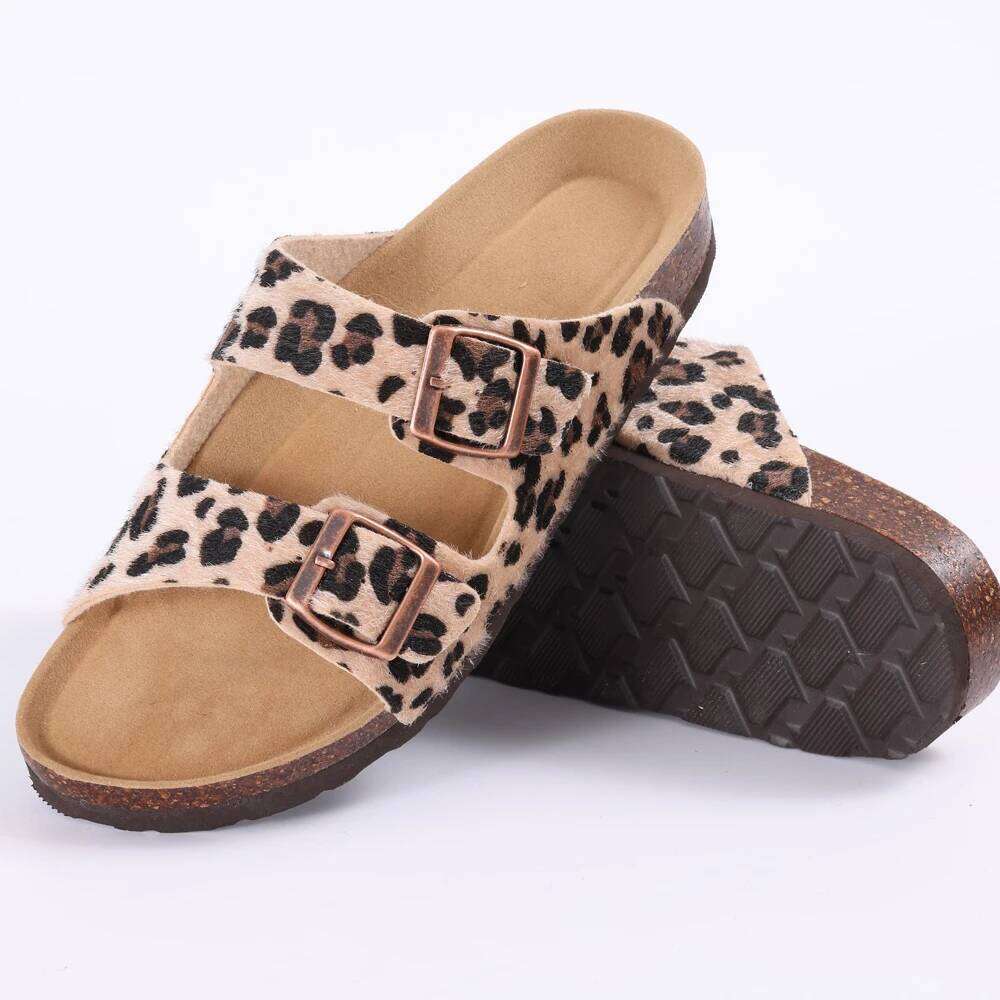 Kidmi Women's Slide New Casual Cork Footbed Platform Open Toe Leopard Slides With Adjustable Buckle Flat Sandals