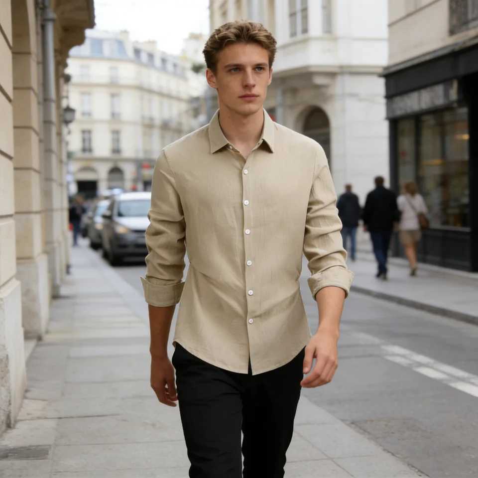 100 Linen Cotton Shirt Men Casual Fashion Male CloTHing Tops BlaCK White Shirts Business Long Sleeve Shirt Men M260305