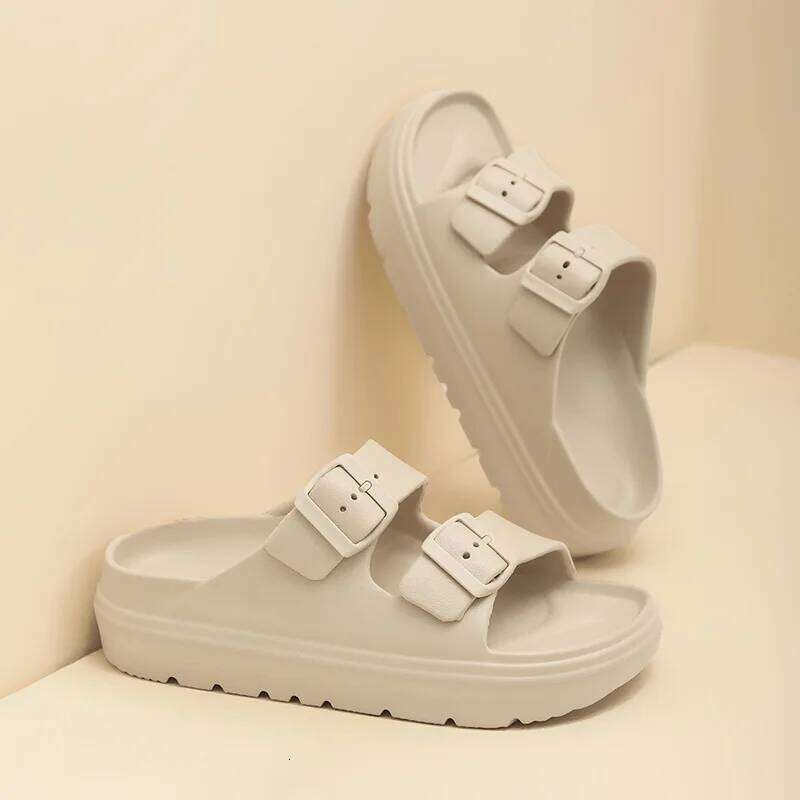 Kidmi New Summer Platform Women's Slippers Outdoor Double Buckle Embellished Sandals Non-slip Breathable Soft-soled Beach Shoes
