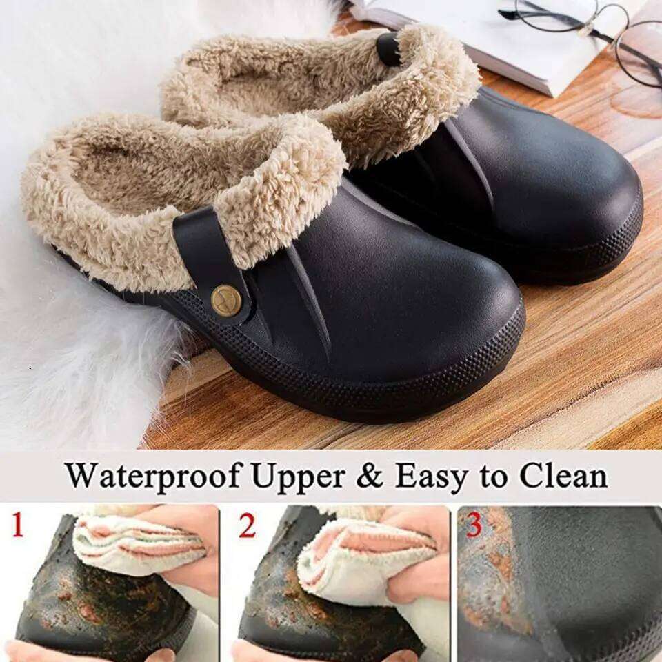 Kidmi Women Fur Clogs Slippers Fashion Fuzzy Garden Outdoor Waterproof House Winter Antiskid Work Men Shoes