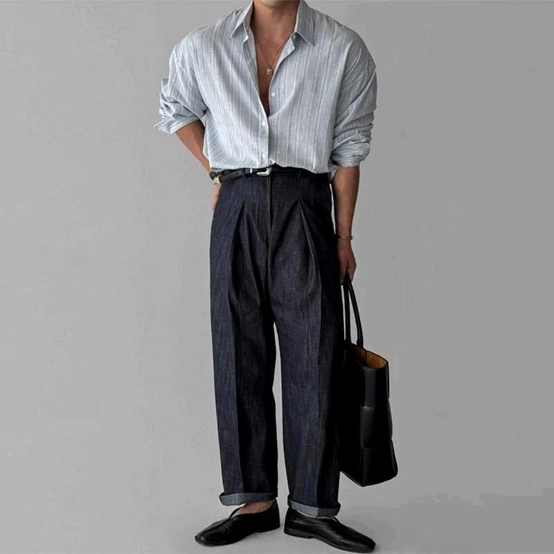 Mens Clothing Light Texture Striped Shirts Streetwear Business Leisure Solid Color Long Sleeve Korean Popular Clothes M260305