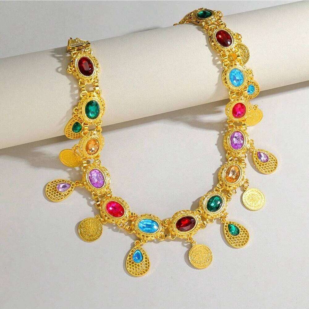 New Fashion Afghan Waistband Jewelry Bohemian Colored Acrylic Gems Gold Color Droplet Coin Tassel Waist Chain Belt For Women S260304