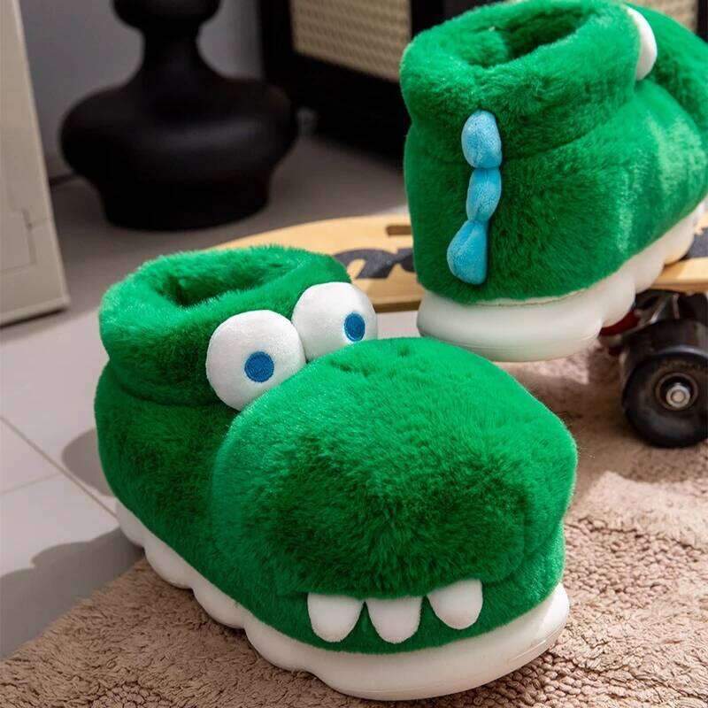 Winter Warm Shoes Woman Men Indoor Fluffy Slippers Cute Cartoon Crocodile Thick Sole Soft Plush Couples Home Floor Snow Boots