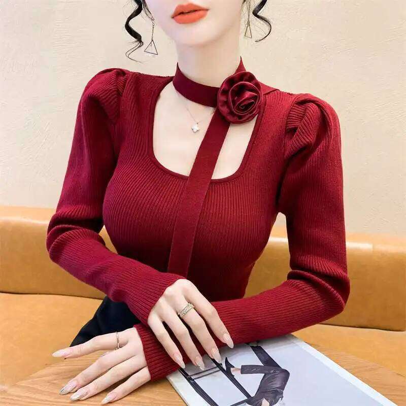 Retro Square Collar Wears Red Sweater for Women's New Style of Royal Sister Showing Off Her Figure Base Shirt Top XJ260305
