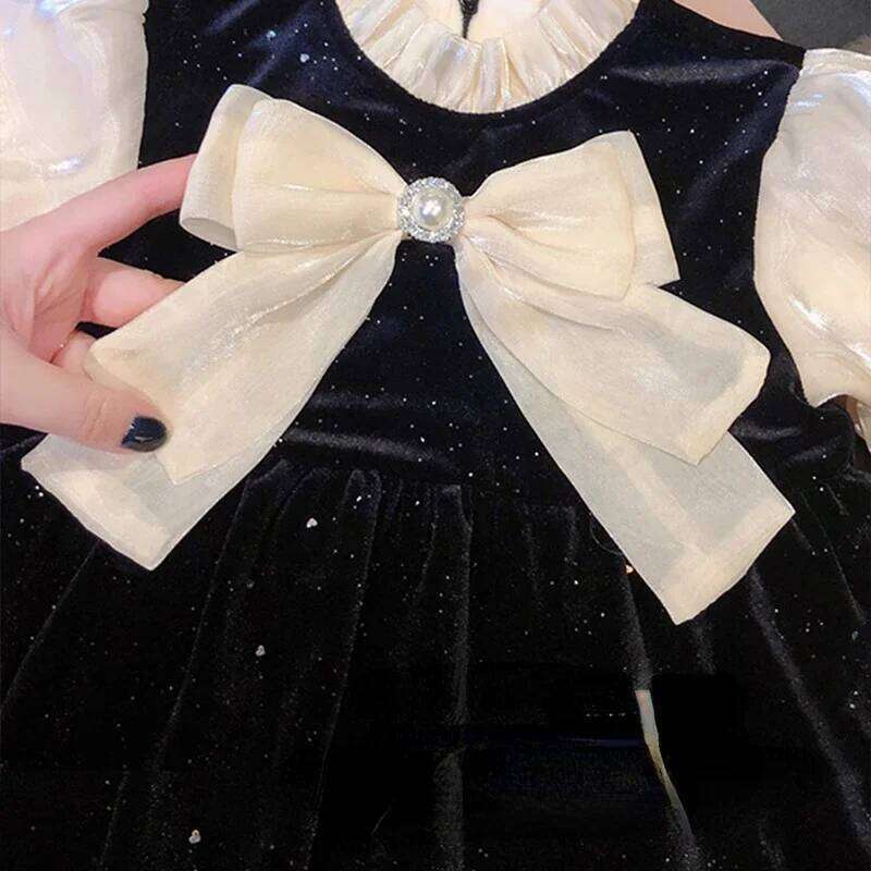 Autumn for Girls Birthdays Spring French Style Black Outer Wear Sweet Princess Dress Bow Clothing Z260304
