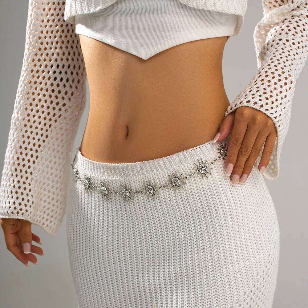 Fashion Vintage Sun Flower Smiley Face Metal Waist for Women Summer Beach Body Chain Gold Plated Belt Female Jewelry S260304