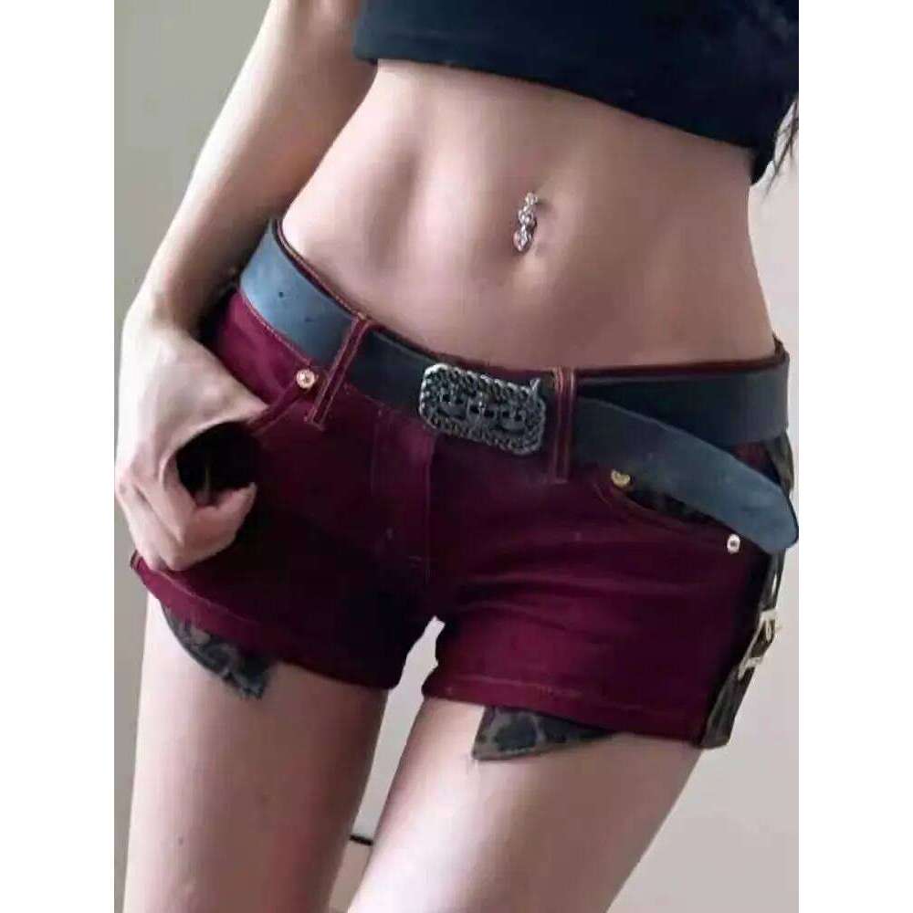 2026 Summer New Retro Red Leopard Print Splicing Super Shorts Women Sexy Low-rise Slim-fit Hot Pants XJ260305