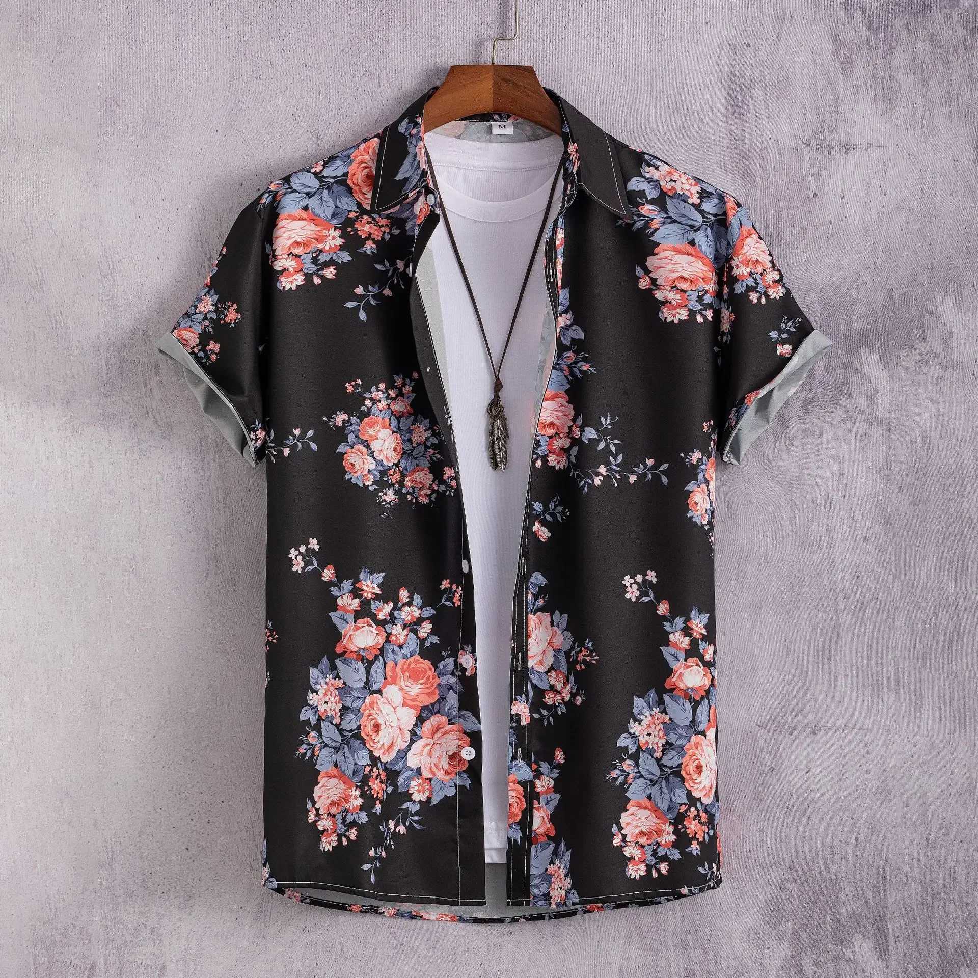 Hawaiian geometric print mens shirts single-cut beach shirts short-sleeved tops mens holiday clothing floral fashion 2026 M260305