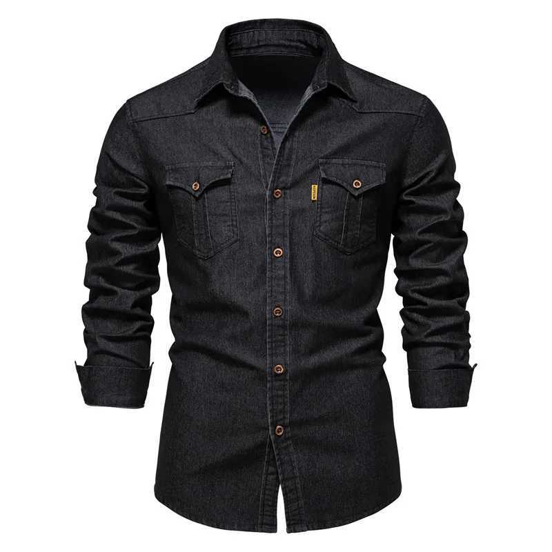 Elastic Cotton Denim Shirt Men Long Sleeve Solid Color Pocket Shirts for Men Casual Slim Fit Mens Designer Clothing M260305
