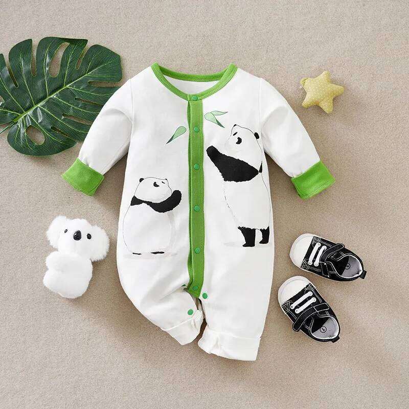 Newborn Boy Girl Cute Cartoon Height Difference Panda Bamboo Simple Casual Green Spring And Autumn Baby Jumpsuit Z260304