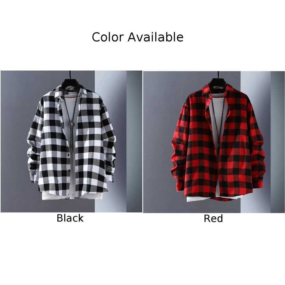 Stylish Mens Button Down Plaid Shirts Baggy Coat Lapel Tops Long Sleeve Check Shirts Casual Workwear Red Black M260305