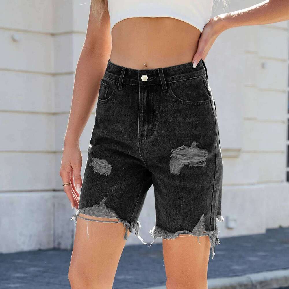 Summer New Personality Ripped Women's Mid-length Jeans. Street-style Design Sense Casual Washed Straight Denim Shorts for Women XJ260305