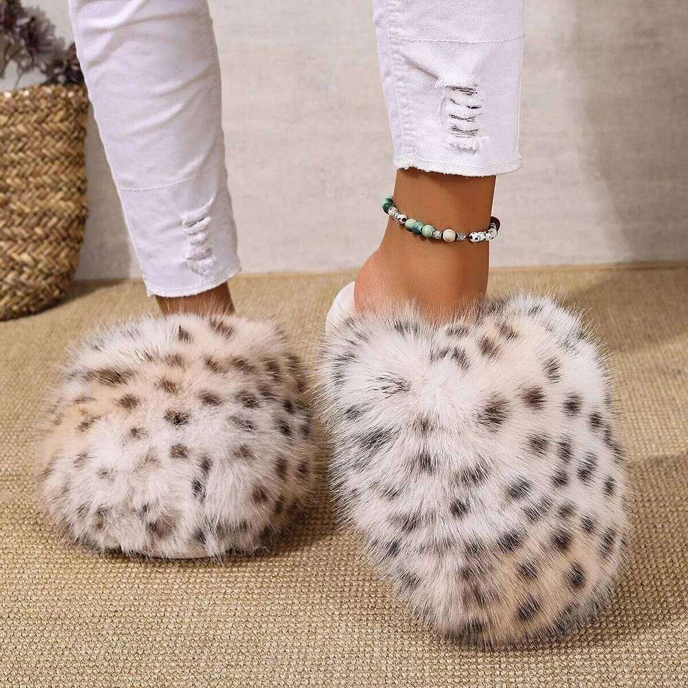 Warm Faux Fur Indoor Fluffy Slippers For Women Autumn Winter House Shoes Leopard Color Anti-slip Female Home Floor Cotton Slides