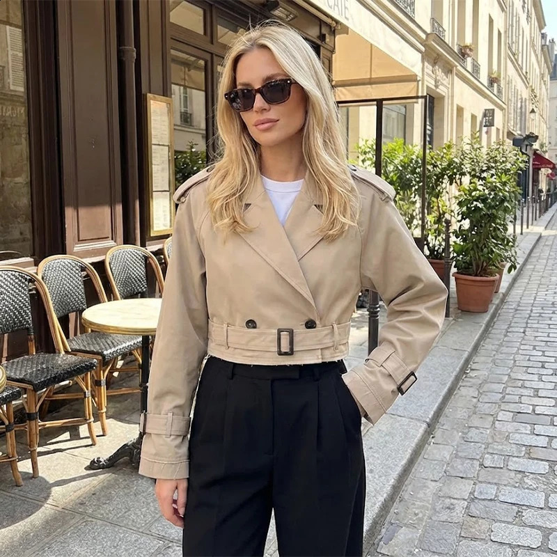 Willshela Women Fashion With Belt Cropped Trench Jacket Vintage Notched Neck Long Sleeve Female Chic Lady Coat Outfits 260228