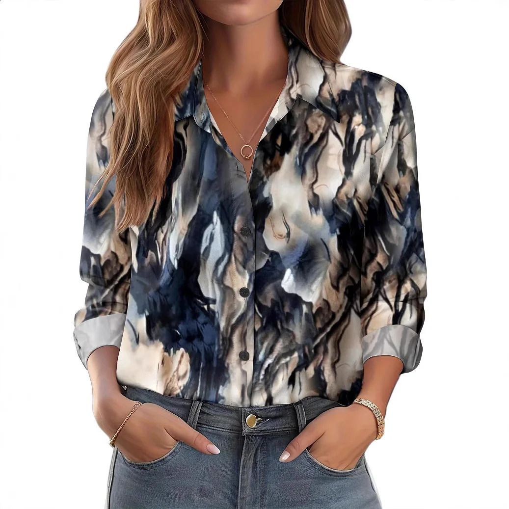 Spring Womens Red LongSleeve Printed Shirt Blue SingleBreasted Collared Shirts 2026 Collection 260228