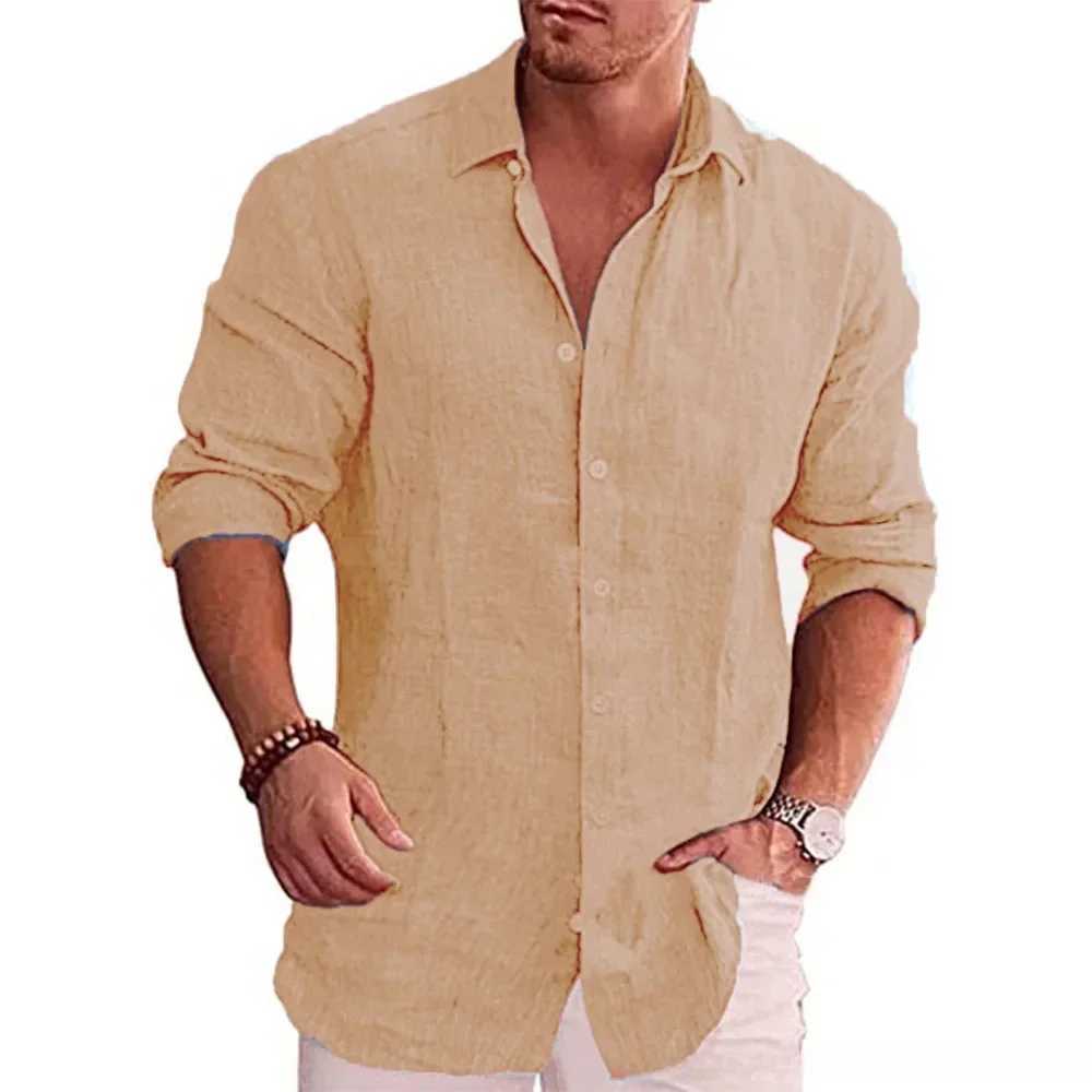 New mens cotton linen autumn hot long-sleeved shirt solid colour versatile casual resort style mens shirt tops M260305