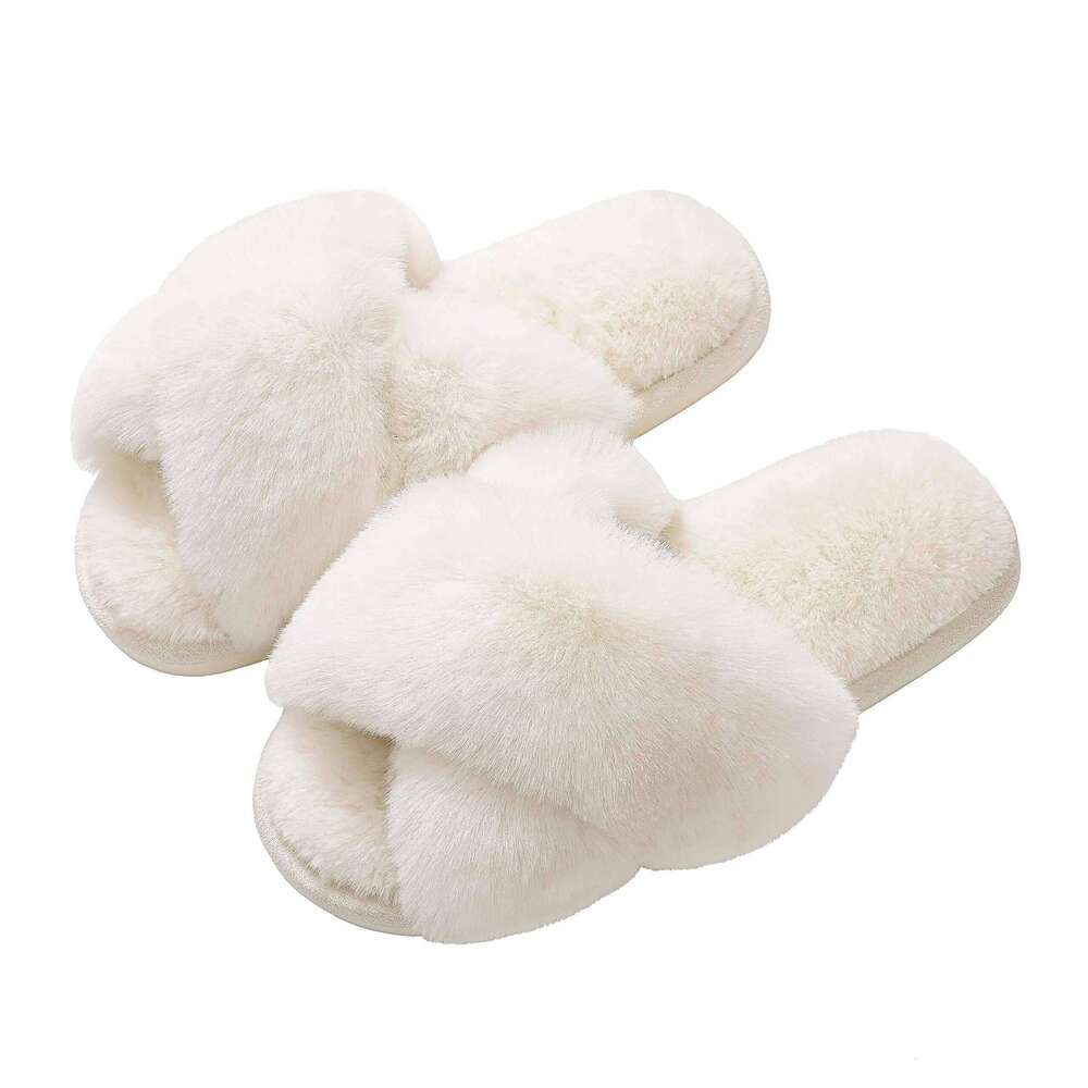 Kidmi Women's Fuzzy Cross Band Memory Foam House Open Toe Flat Casual Indoor Soft Slippers Female