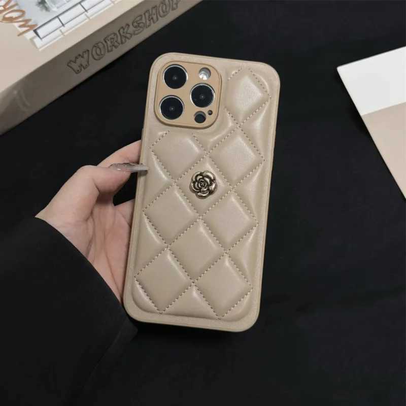 Luxury Quilted Leather Phone Case with 3D Metal Camellia For iPhone 16 15 14 13 12 Pro Max | Anti-fall Silicone Hybrid CoverT260305