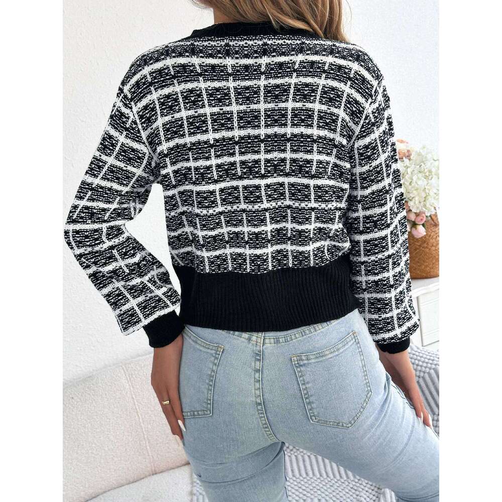 2025 Elegant Contrast Color Plaid Knitted Cardigan Sweater Single Breasted Lantern Long Sleeve Coats Women Autumn Winter Casual XJ260305