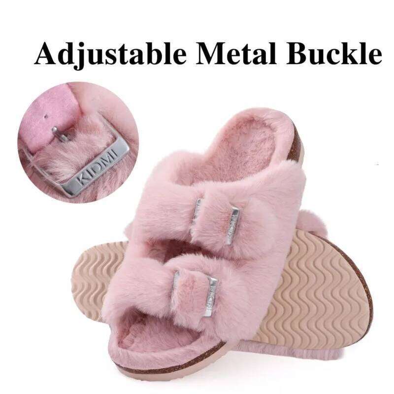 Kidmi Winter Womens Slippers Cork Insole Slides Arch Support Cozy Fluffy Covered Sandals With Adjustable Metal Buckle Shoes
