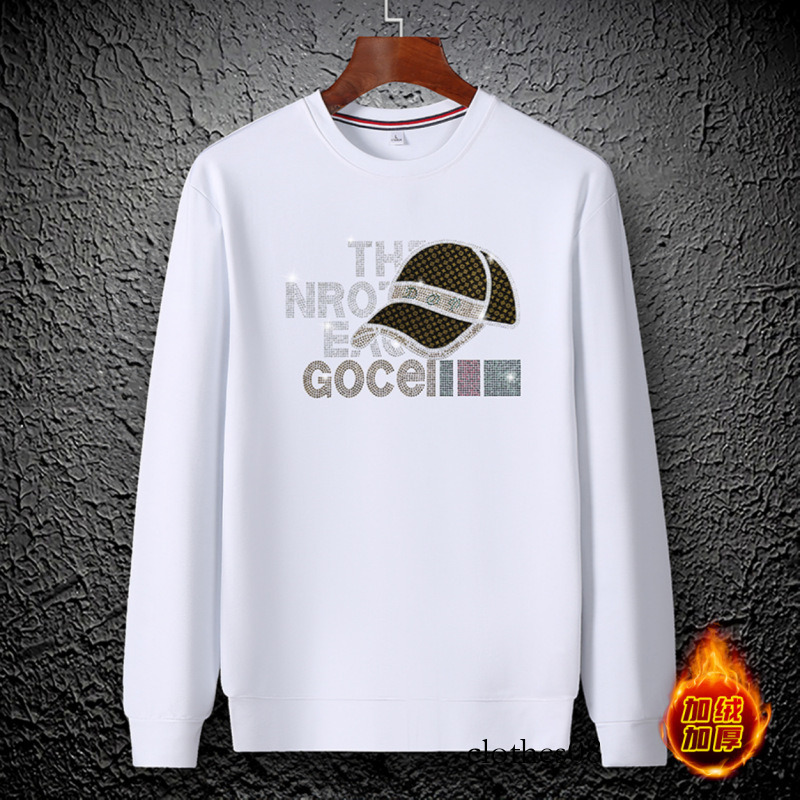 European Style Autumn Winter Sweatshirt Round Neck Fleece Trendy Men's Versatile Light Luxury Youth Heavy Craft Rhinestone Inner Shirt Long Sleev